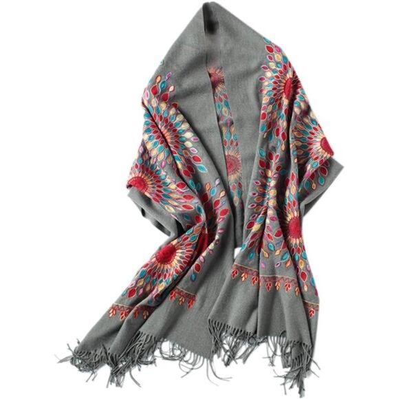 Women's Embroidered Oversize Shawl Scarf Grey